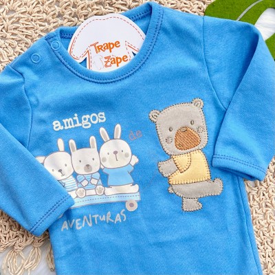 Kit 3 Peças - Bodys Manga Longa Amigos de Aventuras - Azul Jeans, Mescla e Azul Bebê